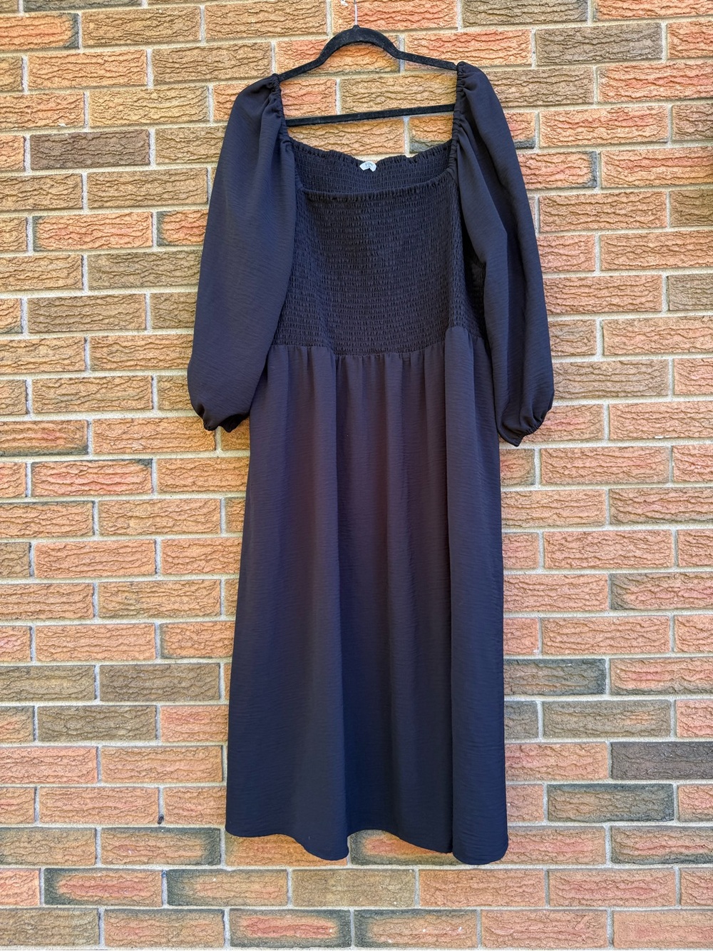 Black Smocked Bodice Midi Dress with Puff Sleeves
